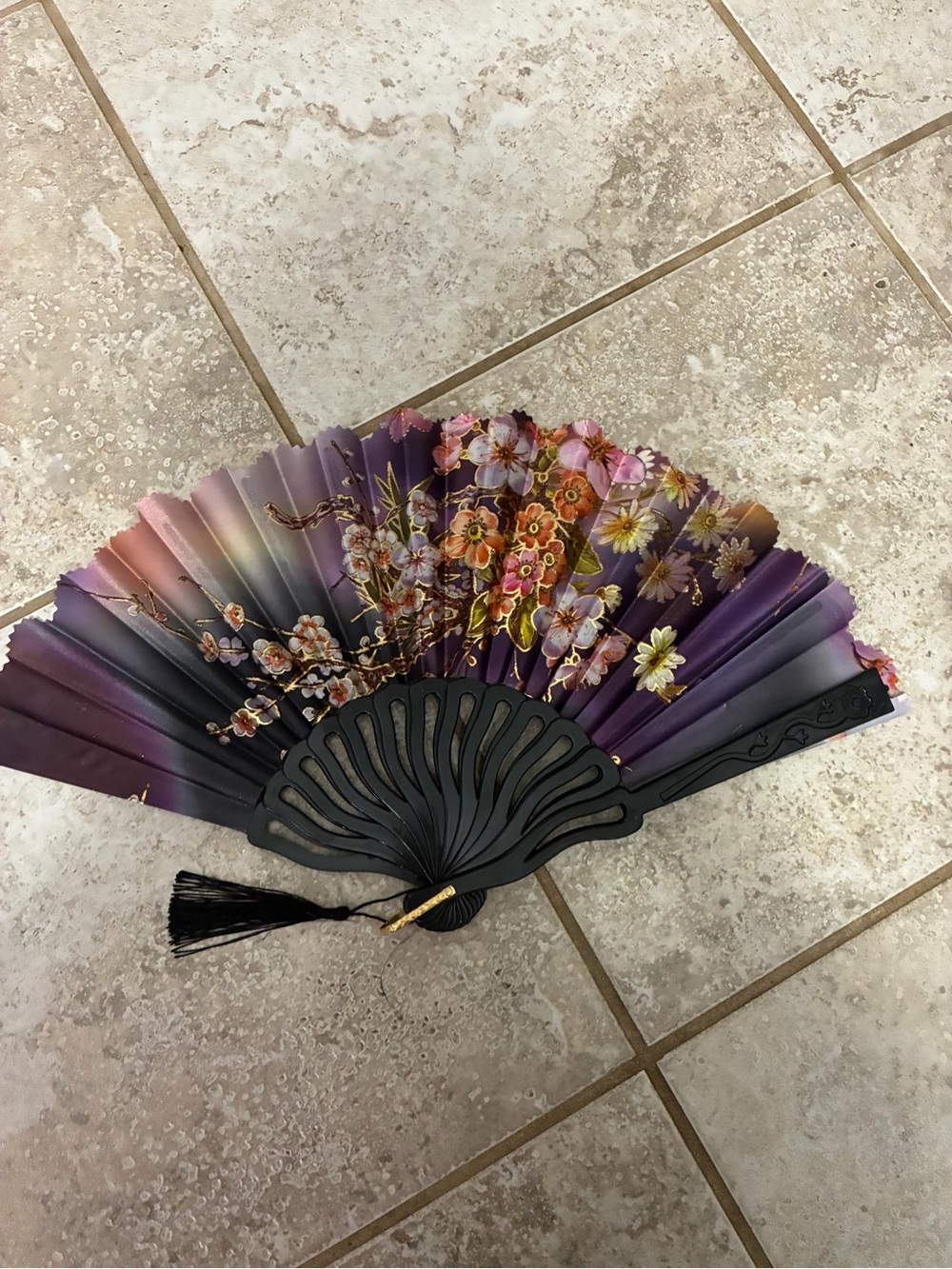 Decorative Purple Floral Folding Hand Fan with Tassel